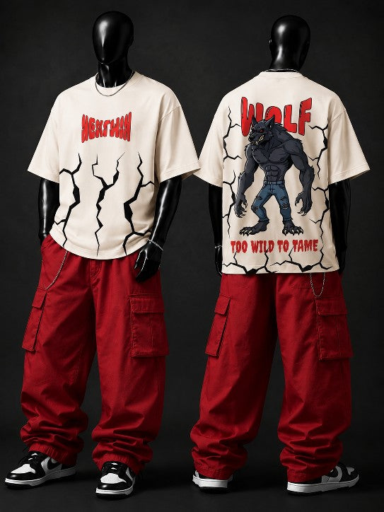 Men's Oversized Wolf Graphic T-Shirt – Too Wild to Tame Streetwear Tee | Premium Cotton Casual Top