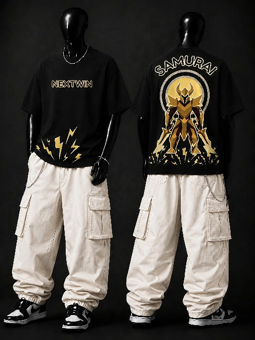 NEXTWIN Samurai Oversized T-Shirt | Premium 240 GSM Cotton | Black Anime Streetwear Graphic Tee