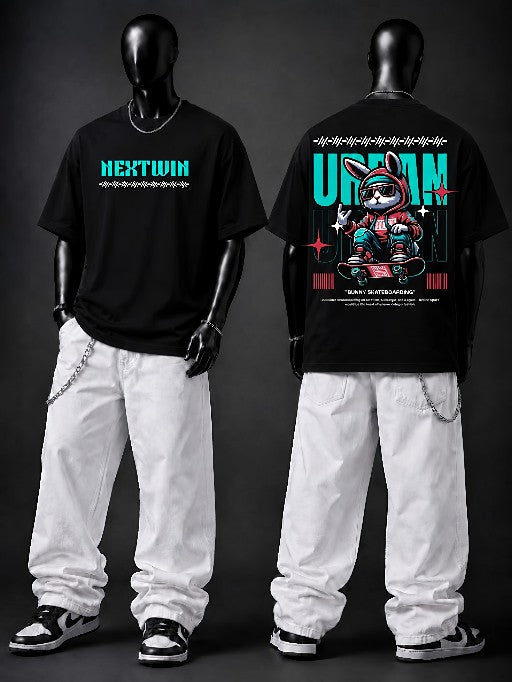 NEXTWIN Urban Bunny Oversized T-Shirt | Premium 240 GSM Cotton | Black Graphic Streetwear Tee