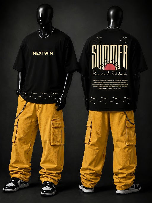 NEXTWIN Summer Sunset Vibes Oversized T-Shirt | Premium 240 GSM Cotton | Black Graphic Streetwear Tee