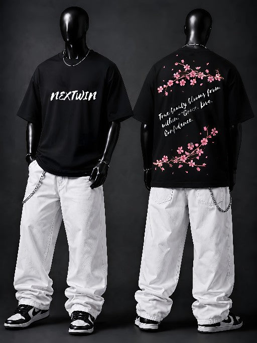 NEXTWIN Cherry Blossom Oversized T-Shirt | Premium 240 GSM Cotton | Floral Graphic Streetwear Tee