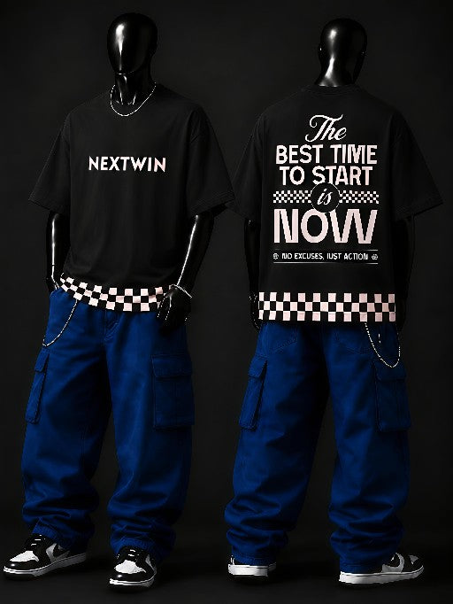 NEXTWIN Start Now Oversized T-Shirt | Premium 240 GSM Cotton | Motivational Graphic Streetwear Tee