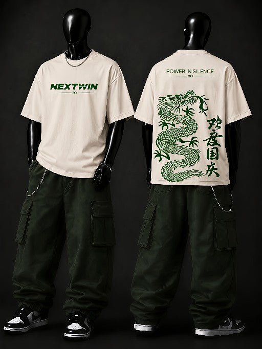 NEXTWIN Power in Silence Dragon Oversized T-Shirt | Premium 240 GSM Cotton | Japanese Graphic Streetwear Tee