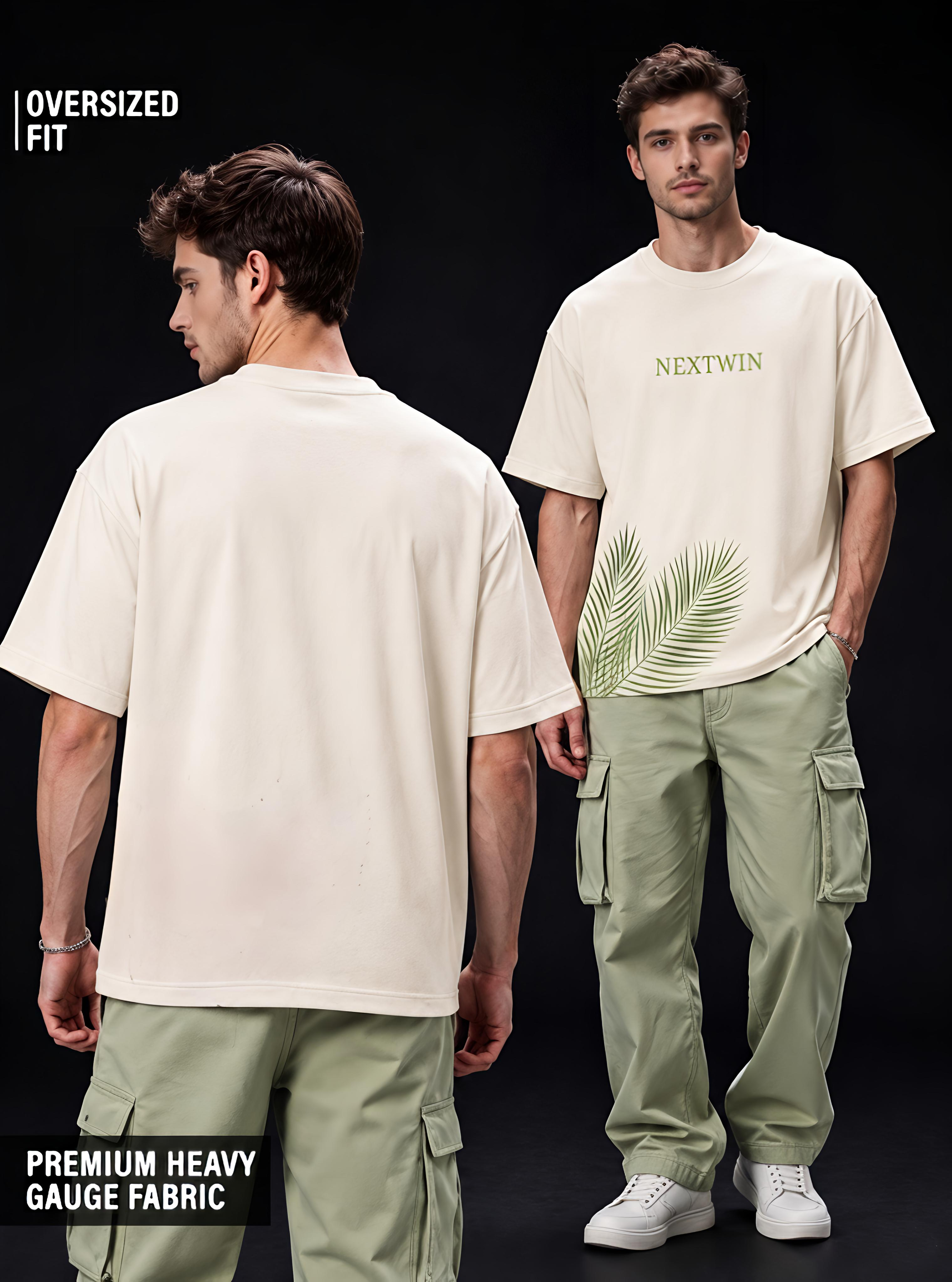 NEXTWIN Minimal Palm Oversized T-Shirt – Off White Graphic Tee | 240 GSM Premium Cotton