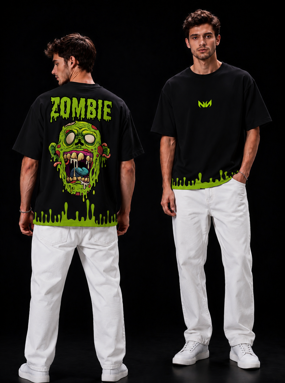 NEXTWIN Zombie Oversized Graphic T-Shirt – Neon Green Horror Print | 240 GSM Premium Cotton |