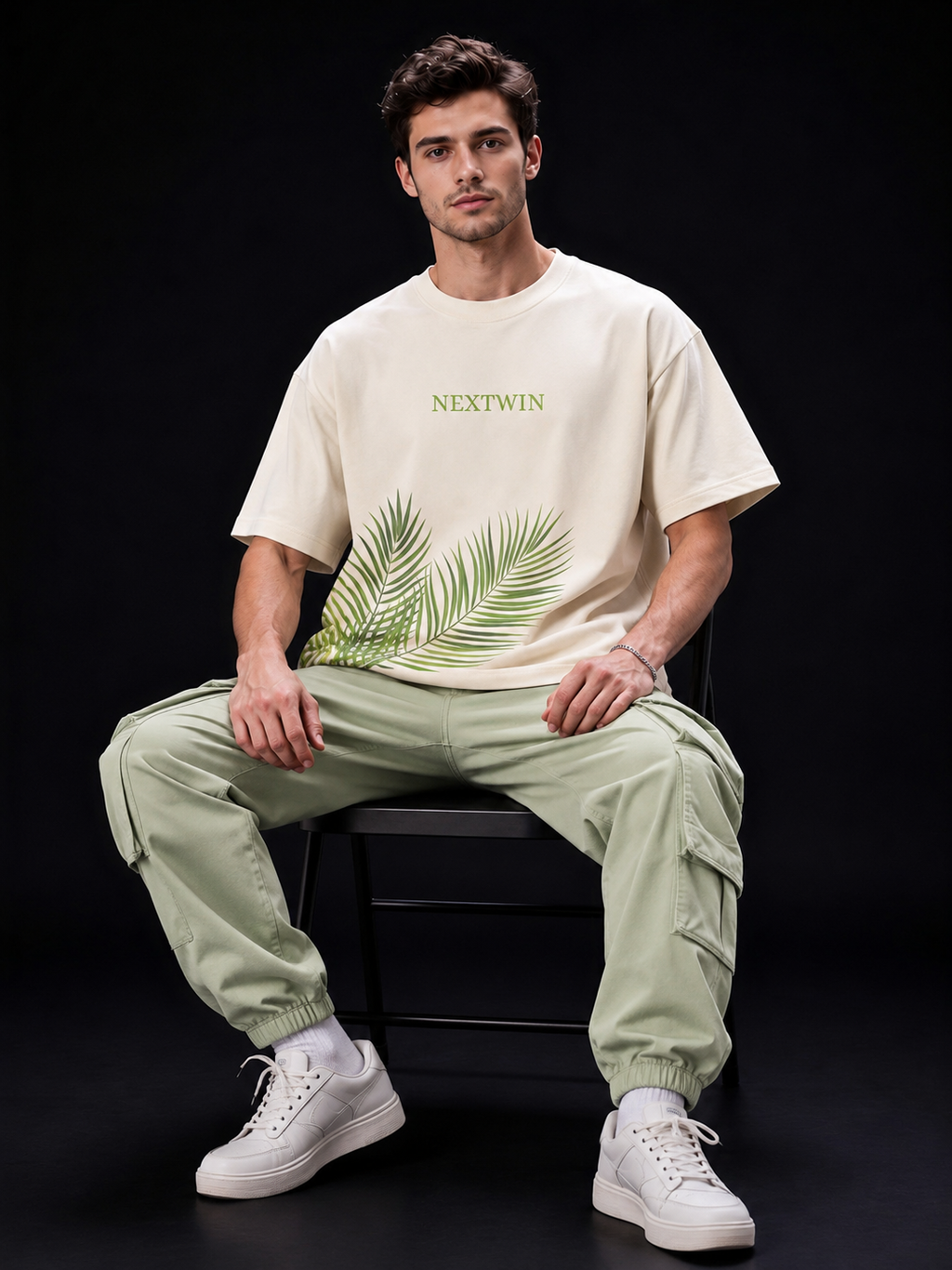 NEXTWIN Minimal Palm Oversized T-Shirt – Off White Graphic Tee | 240 GSM Premium Cotton