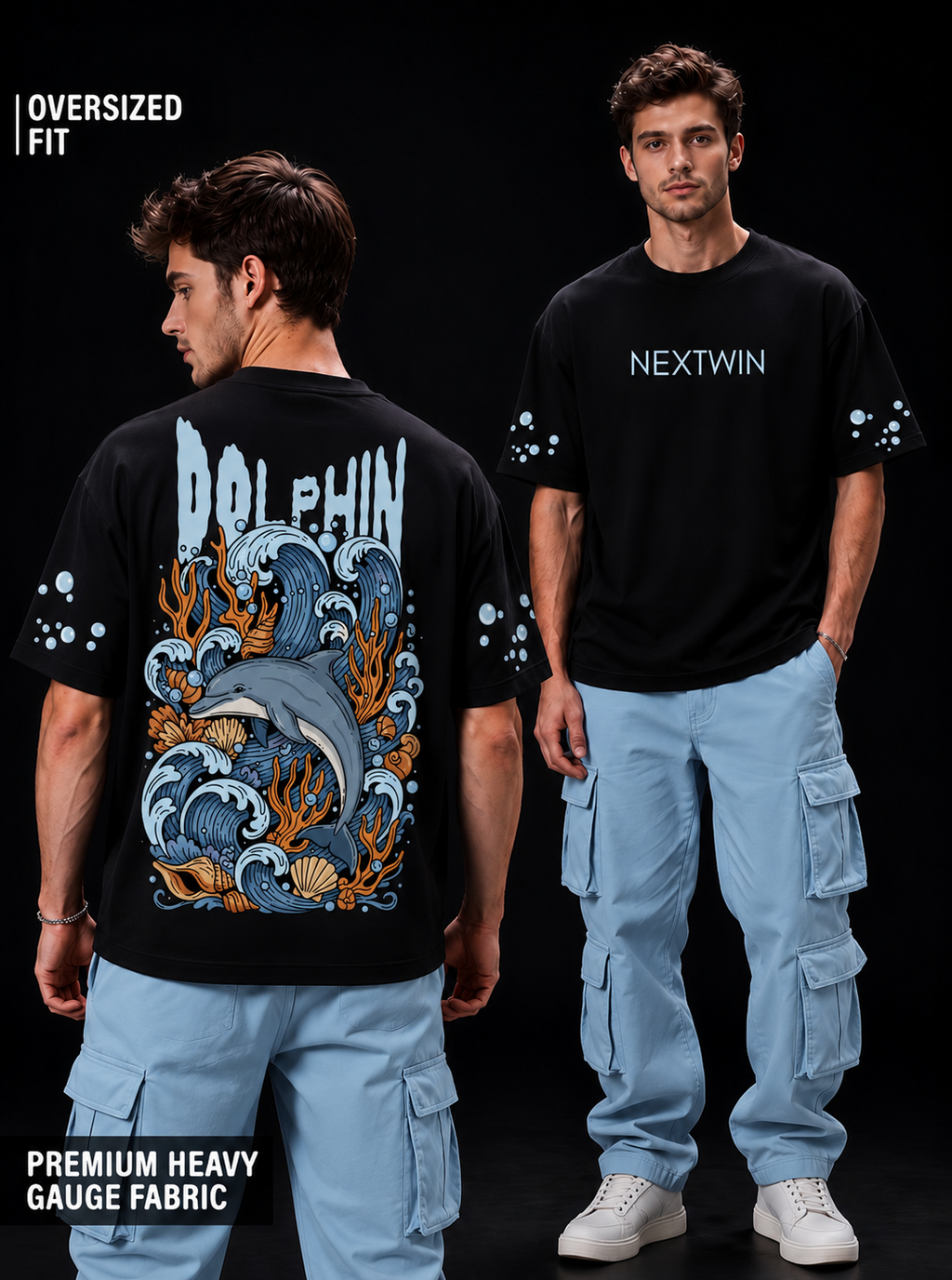 NEXTWIN Dolphin Oversized Graphic T-Shirt – Ocean Wave Back Print | 240 GSM Premium Cotton