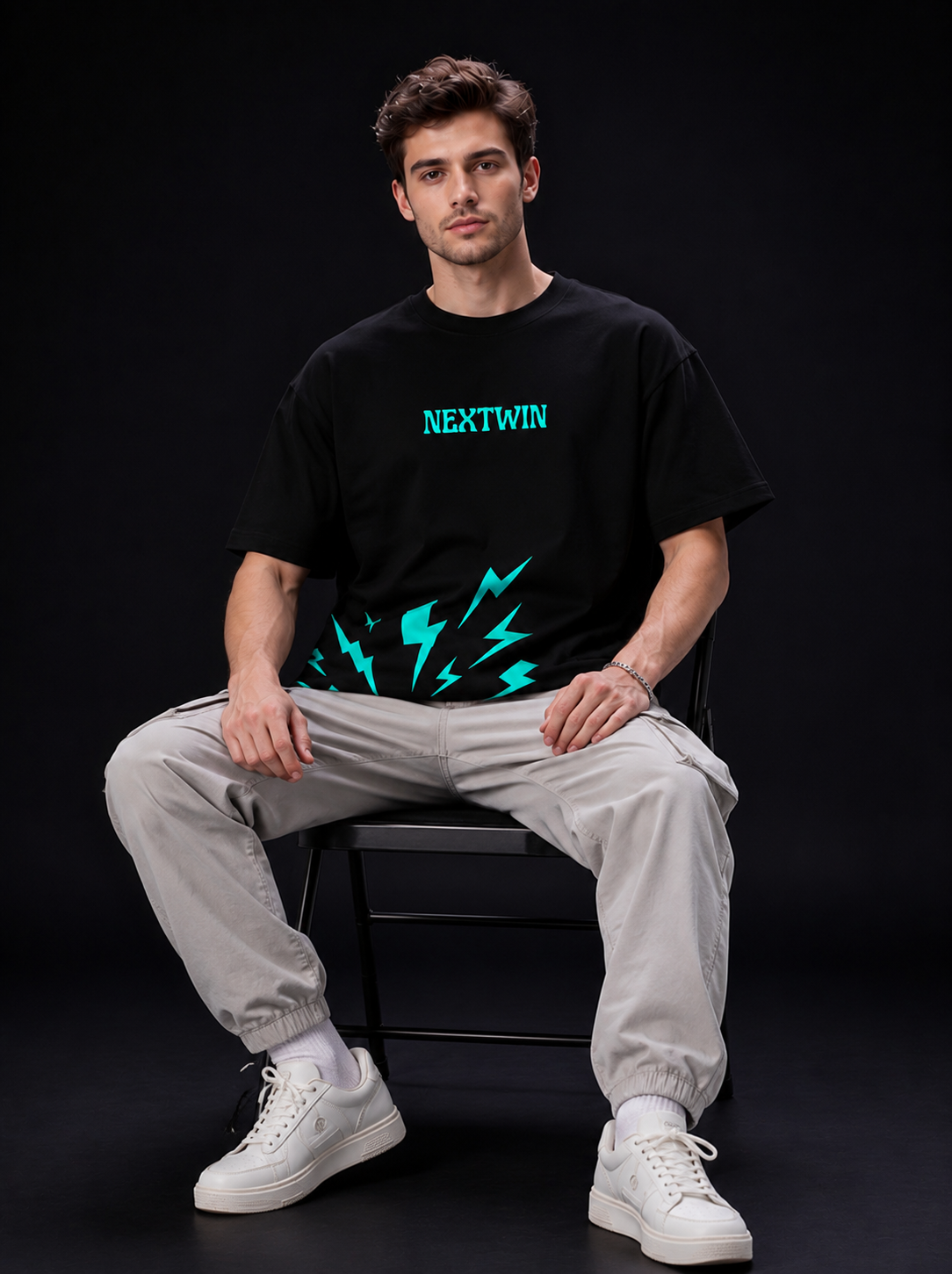 NEXTWIN Electric Pulse Oversized Graphic T-Shirt – Neon Lightning Print | 240 GSM Premium Cotton