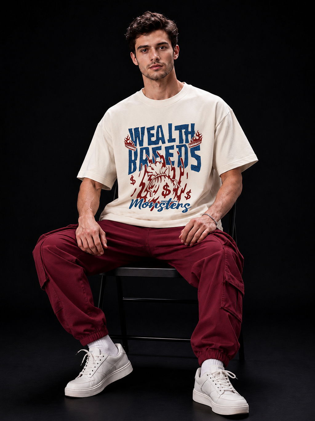 NEXTWIN Wealth Breeds Monsters Oversized Graphic T-Shirt – Off White Streetwear Tee | 240 GSM Premium Cotton