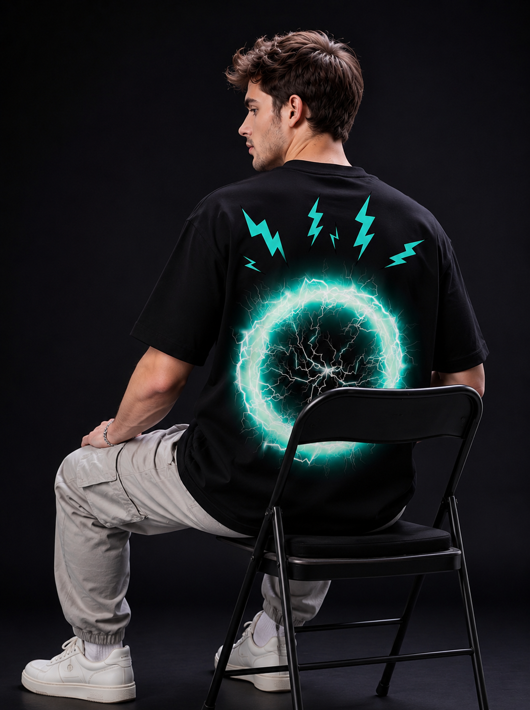 NEXTWIN Electric Pulse Oversized Graphic T-Shirt – Neon Lightning Print | 240 GSM Premium Cotton