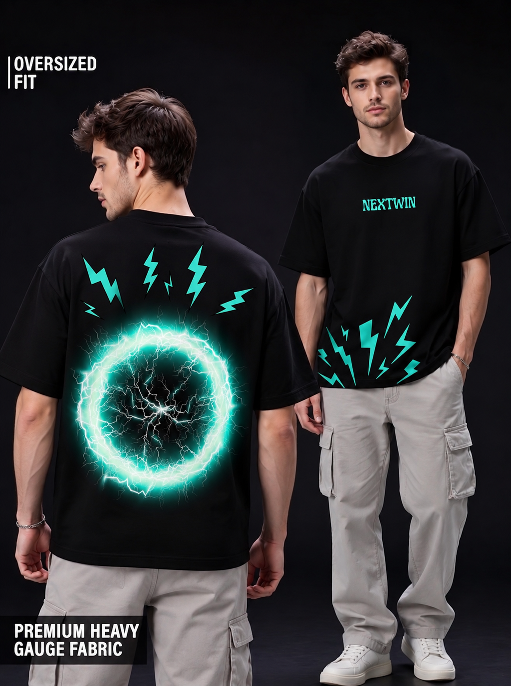NEXTWIN Electric Pulse Oversized Graphic T-Shirt – Neon Lightning Print | 240 GSM Premium Cotton