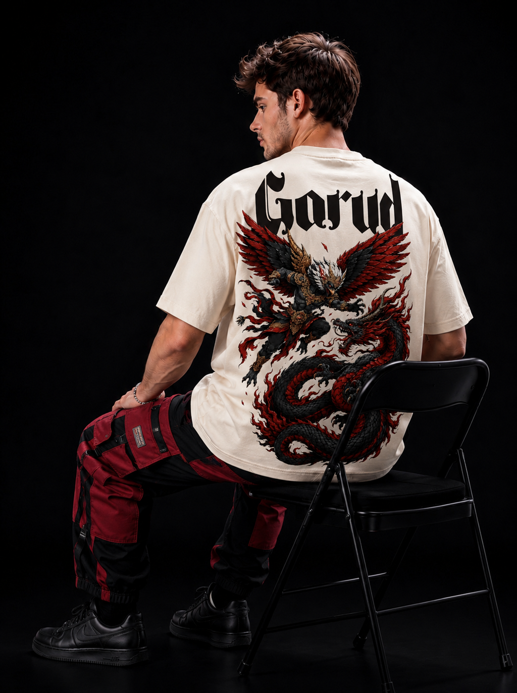 NEXTWIN Oversized Off-White Graphic T-Shirt – "Garud" Eagle vs Dragon Back Print | Premium Heavy sinker cotton