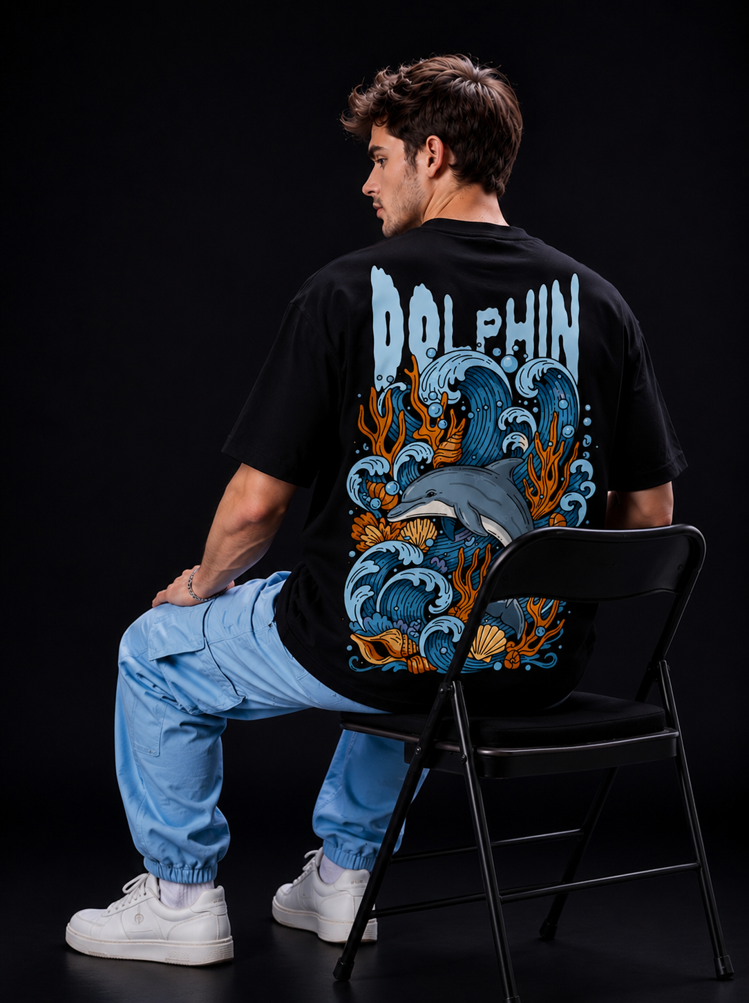 NEXTWIN Dolphin Oversized Graphic T-Shirt – Ocean Wave Back Print | 240 GSM Premium Cotton