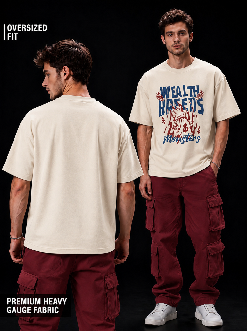 NEXTWIN Wealth Breeds Monsters Oversized Graphic T-Shirt – Off White Streetwear Tee | 240 GSM Premium Cotton